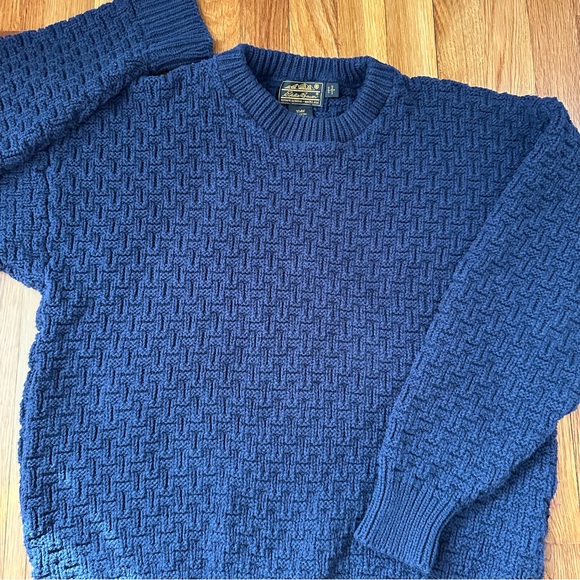 Vintage Eddie Bauer Men’s L Blue Basketweave Knit Sweater Made in USA Cotton - Picture 6 of 13